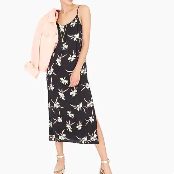 J Crew Black Pink Floral Midi Slip Dress